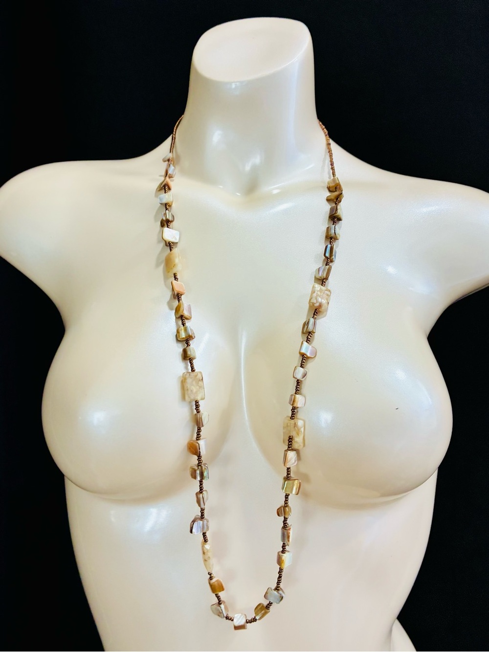 Long Neutral Mother Of Pearl Shell Beaded Necklace - Women Jewelry